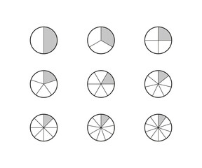Circle diagram with part pie, fraction. One piece from circle. Mathematical infographic. Divided area. Vector illustration