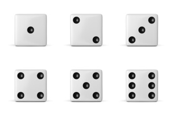 Set of six white dice with different numbers. 3d rendering.