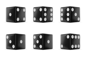 Set of six black dice with different numbers. 3d rendering.