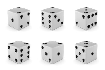 Set of six white dice with different numbers. 3d rendering.