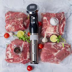 Device for cooking meat with low temperature and vacuum meat .