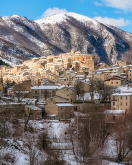 The beautiful village of Villalago, covered in snow during winter season. Province of L'Aquila, Abruzzo, Italy.