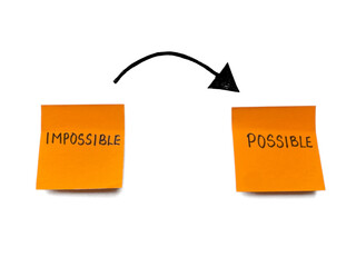 Optimistic Thinking concept - Motivating change from thinking "everything is impossible" to "everything is possible" mindset - Handwritten in sticky notes