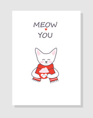 Valentine's day postcard.  Cat with a cake. Meow you. Vector illustration. Romantic poster. 14 of February. 