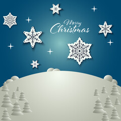 Christmas card with snowy meadow and flakes template