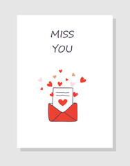 Valentine's day postcard.  Love letter with hearts. Miss you. Vector illustration. Romantic poster. 14 of February.