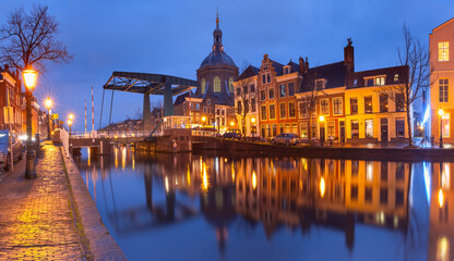 Fototapeta na wymiar Panorama of Leiden Oude Vest canal with Marekerk church and Marebrug bridge, South Holland, Netherlands