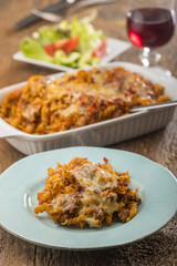 gratinated pasta on wood