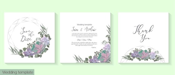 Floral design for wedding invitations. Succulents, eucalyptus, berry, dense greenery, green plants and leaves, polygonal frame. Vector template for a postcard.Invitation card, thanks.