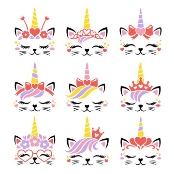 Cute cat unicorn face vector. Set for Valentines Day. Kitten head with heart, wreath, crown, hair bow,unicorn horn for girls. Magic caticorns. Funny illustrations isolated on white background.