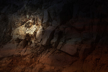 Mystic grim mountain rock prison. Fogy spooky fortress in dark alley. Old cragged creepy mythical cliff. Vintage fearful crannied horrible stone. Damaged terrible karst cavern for crime mystery drama