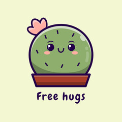 Kawaii cactus illustration. Happy plant cartoon illustration. Free hugs lettering.