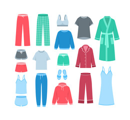 Women home clothes. Flat vector illustration. Comfortable loungewear garments to wear at home. Pants, shirts, pajamas, bathrobe, cozy sweatshirts, sweatpants and slippers. Different female clothing