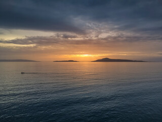 Obraz premium Aerial panoramic view of Elafonisos island over the Laconian gulf at sunset in Peloponnese, Greece, Europe.