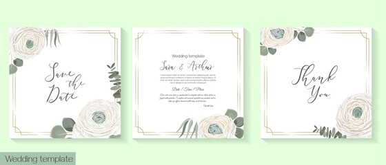 Fototapeta na wymiar Vector floral invitation template. White roses, rununculus, green leaves, eucalyptus.