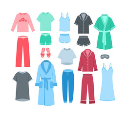Women home clothes sleepwear. Flat vector illustration. Comfortable loungewear garments to wear in bed. Pants and shorts with shirts and tops, pajamas, bathrobes, nightdress, sweatpants and slippers