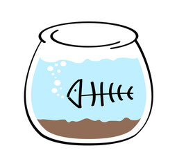 cartoon, comic fish bowl or aquarium. Goldfish in a bowl. Fishbones or fishbone sign. Swims underwater. Vector swimming in the sea, ocean icon or pictogram.