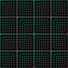 Abstract green and purple stacked square frame spirograph shapes seamless technology pattern on the black background. Vector illustration. Wrapping paper.