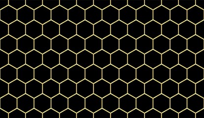 Grille hexagonale dorée transparente sur fond noir. Filet hexagonal. Vecteur abstrait.