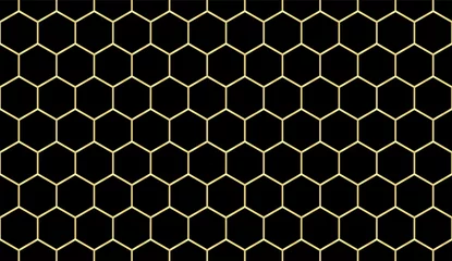 Gordijnen Gouden zeshoek rasterpatroon naadloos op de zwarte achtergrond. Zeshoekig gaas. Abstracte vector. © Sudakarn