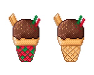 Chocolate Christmas-style ice cream pixel art. Vector illustration.
