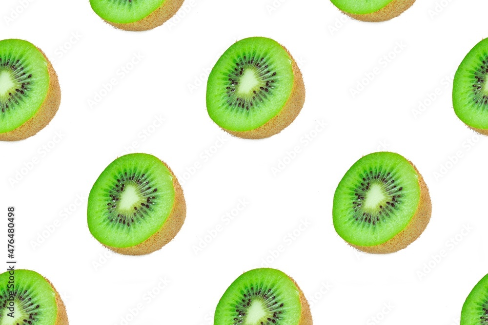 Poster kiwi slices pattern, top view of kiwi slices on white background.
