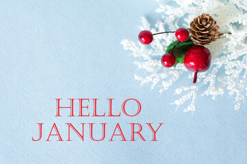 Hello January inscription on a gob background next to the Christmas decoration