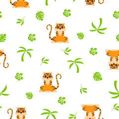 Childish seamless pattern with tiger cub and palms on white. Trendy colorful vector background. Perfect for kids apparel, fabric, textile, nursery decoration, wrapping paper