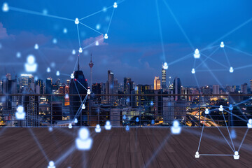 Rooftop with wooden terrace, Kuala Lumpur night skyline. Recruitment process to hire candidates for international business consulting. HR, networking digital icons. City downtown. Double exposure.