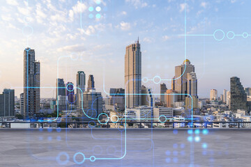 Rooftop with concrete terrace, Bangkok sunset skyline. Hi tech digital holograms to optimize...