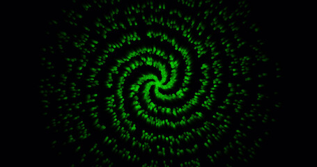 Abstract funnel of many green dots form spiral. Illusion of motion.