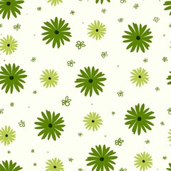 Seamless summer pattern with light green and dark green flowers on a white background.