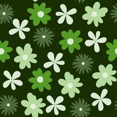 Fototapeta premium Seamless pattern with doodle meadow plants on a dark green background.