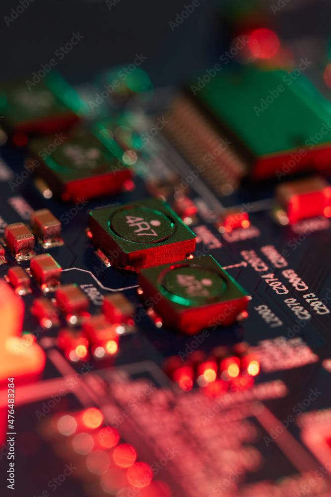 Canvas Prints electronic circuit board with electronic components such as chips close up. blurry background.