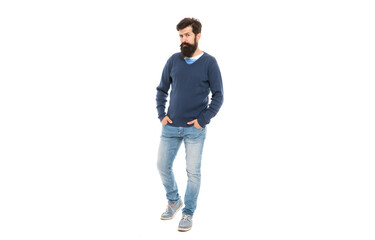 Naklejka premium hipster isolated on white. confident and handsome guy with moustache. male fashion.