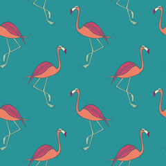 Seamless flamingo bird pattern. Repeated orange animal on blue