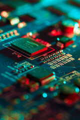 Electronic circuit board with electronic components such as chips close up. Blurry background.	