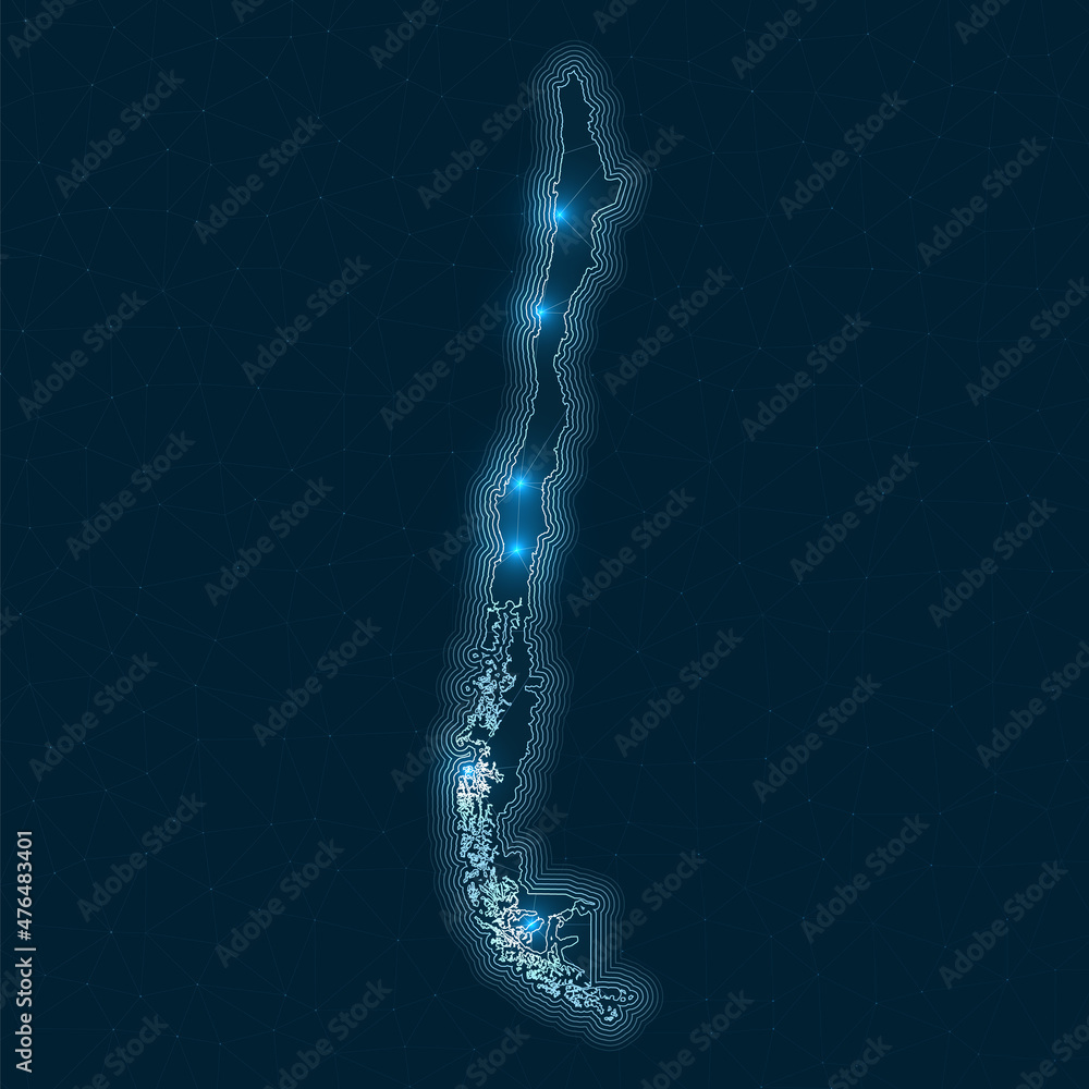 Poster chile network map. abstract geometric map of the country. digital connections and telecommunication 