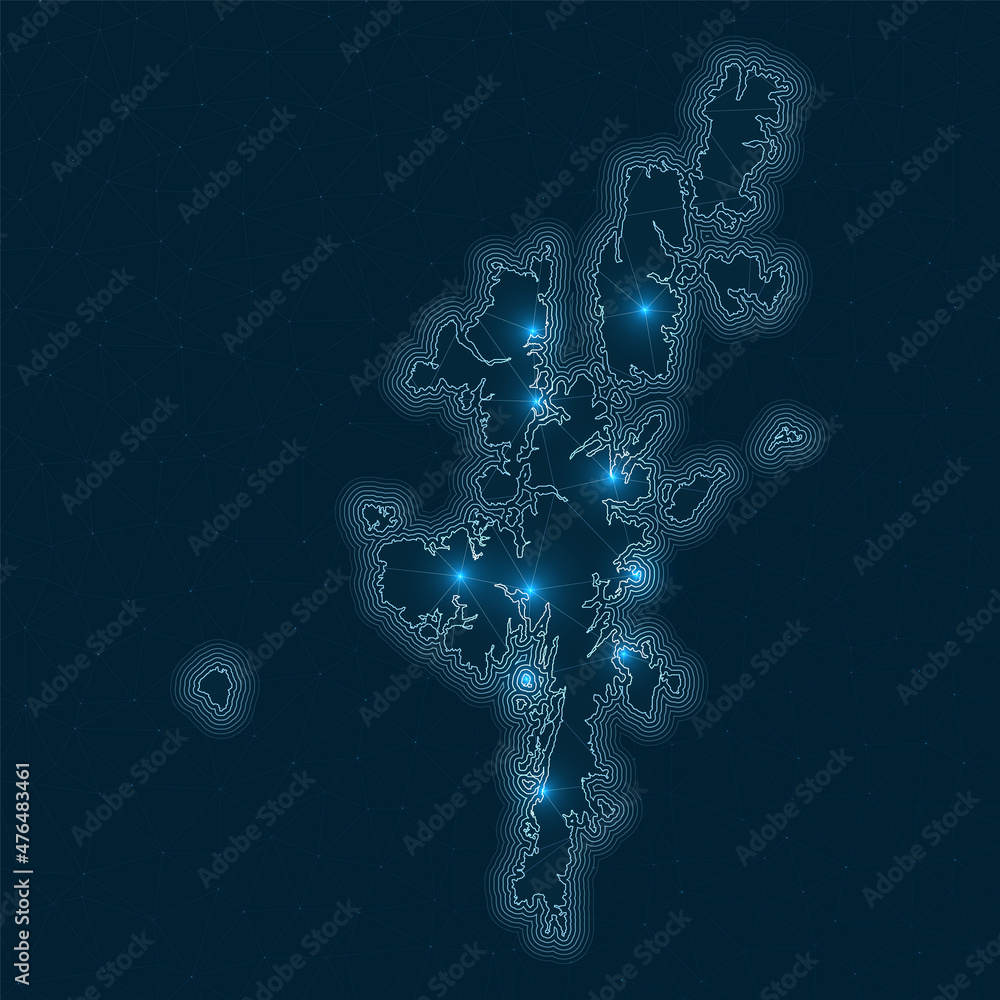 Poster abstract geometric map of the island. digital connections and telecommunication design. glowing inte