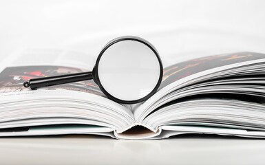 Magnifying glass over open paper art book with pages. Concept of academic research.