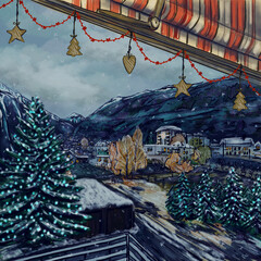 Martigny, Switzerland. Christmas illustration. Mountain landscape. Mountains, trees, village. Winter snow. Freehand drawing. Illustration for holiday cards, wallpapers, posters. Digital painting.