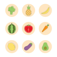 Set of fruit icons and vegetables. Vector illustration