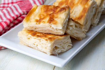 Delicious Turkish food; Tray pastry; (Turkish name; Su boregi)