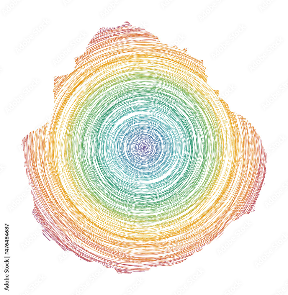 Poster marie-galante map filled with concentric circles. sketch style circles in shape of the island. vecto
