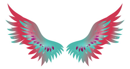 Beautiful magic green red angel wings, color vector illustration