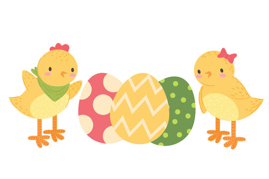 Easter chicken with easter colour egg. Cute little cartoon chicken bird character. Stock vector festive flat illustration on a white background.