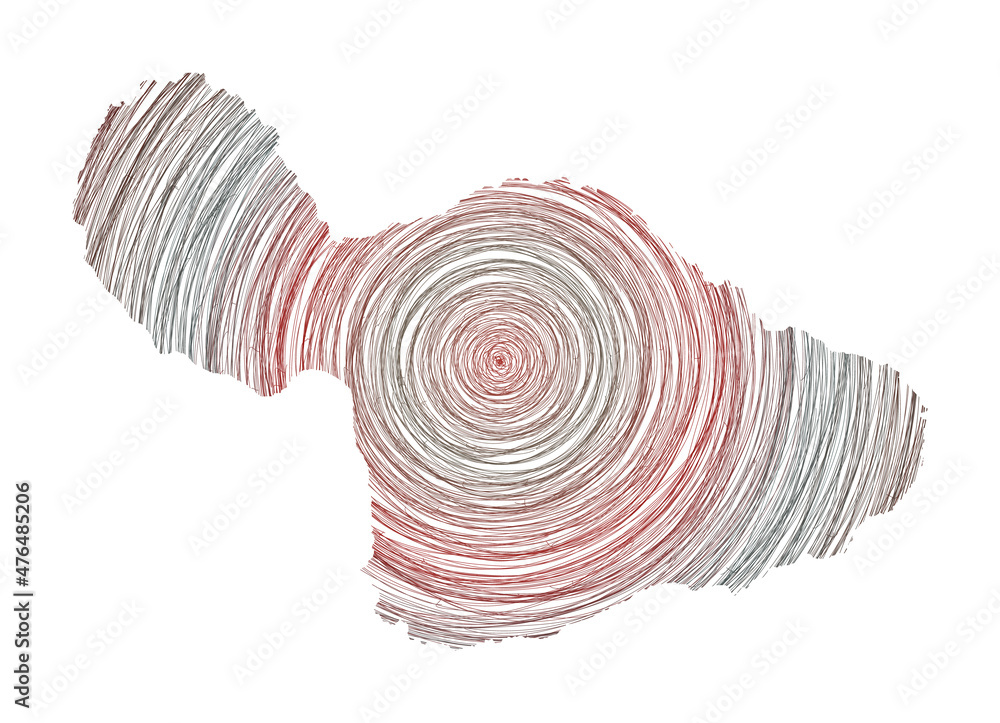 Poster maui map filled with concentric circles in sketch style, forming the shape of the island. vector ill