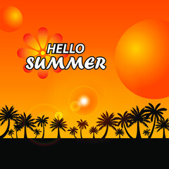 Fototapeta na wymiar coconut tree silhouette vector illustration on blurred background. summer background.summer greeting card.summer banner for web or advertisement