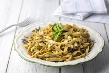 Italian pasta; Tagliatelle with Pesto Sauce