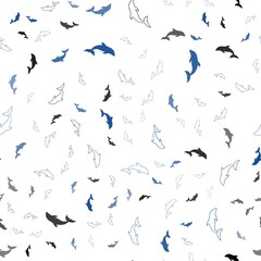 Dark BLUE vector seamless background with dolphins.
